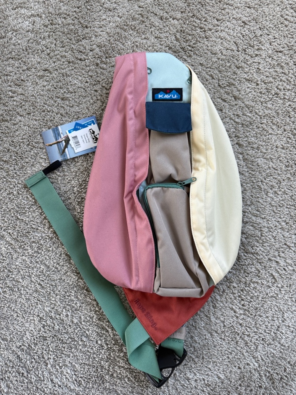 Kavu Colorblock Sling Bag in Pink, Cream, Tan & Green Strap